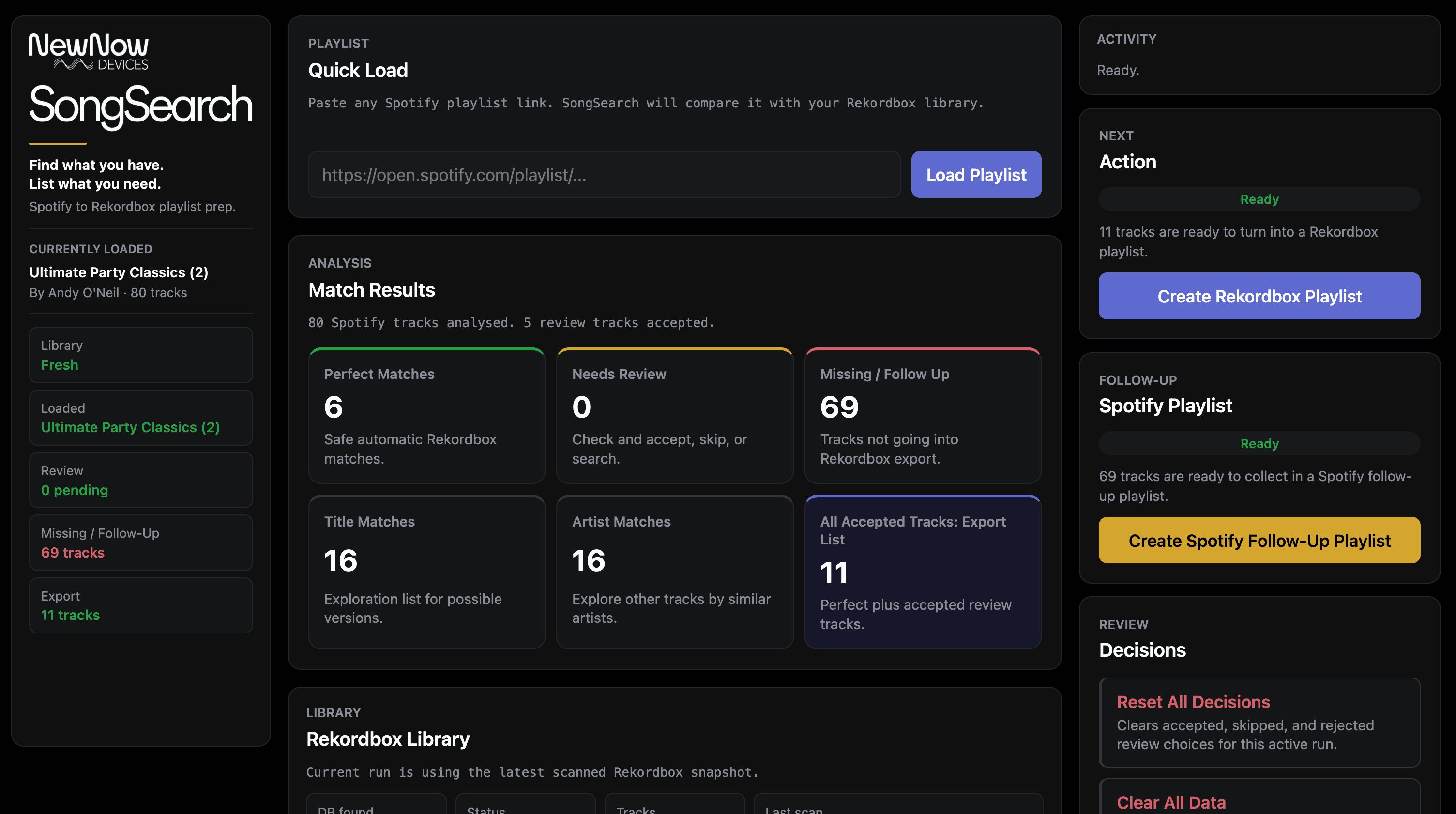 SongSearch comparing a Spotify playlist with a Rekordbox library